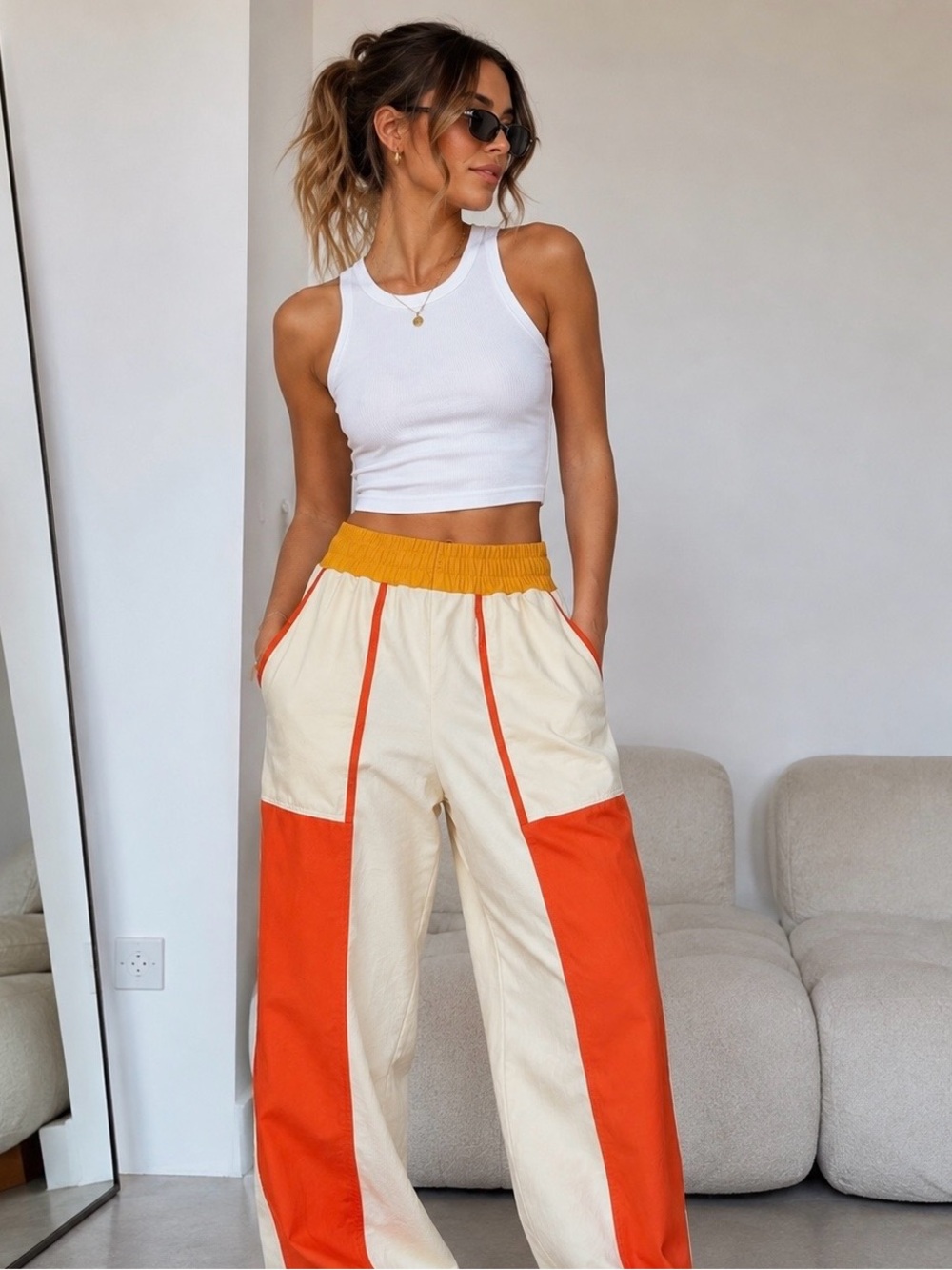 Cream Colorblock Joggers with Orange Panels and Yellow Waistband